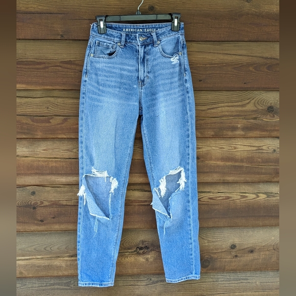 American Eagle Mom Jeans With Busted Knees, High Waisted Straight Leg - Picture 2 of 10